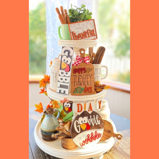 Gobble Thanksgiving DIY Wood Tiered Tray Kit Shelf Sitter Set