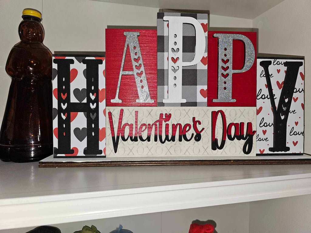 3D Valentine Happy Valentine day Word Block  DIY Wood Shelf Sitter Sign: