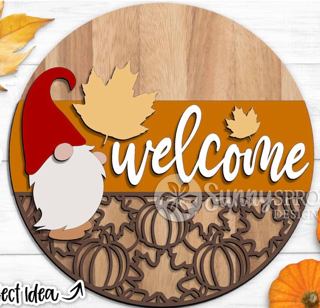 Welcome with Pumpkins and Gnome Wood DIY Door Hanger Blank: 12 or 18"