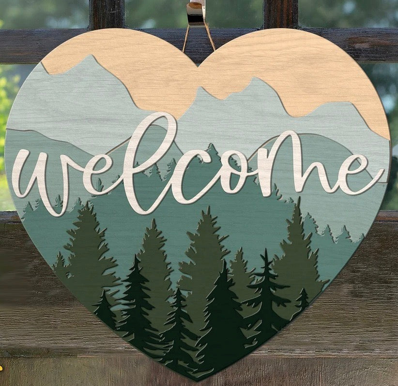 Welcome Mountains Heart: DIY Wood Door Hanger Blank: 16"