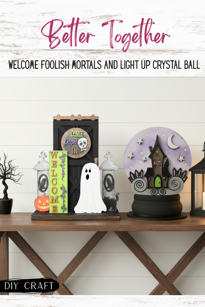 DIY Halloween Farmhouse Decor: Light-Up Haunted House Crystal Ball & Welcome Foolish Mortals Porch Door Kits
