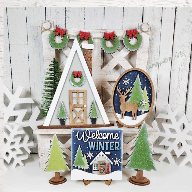 Winter Welcome Cabin DIYTiered Tray Kit Shelf Sitter Set