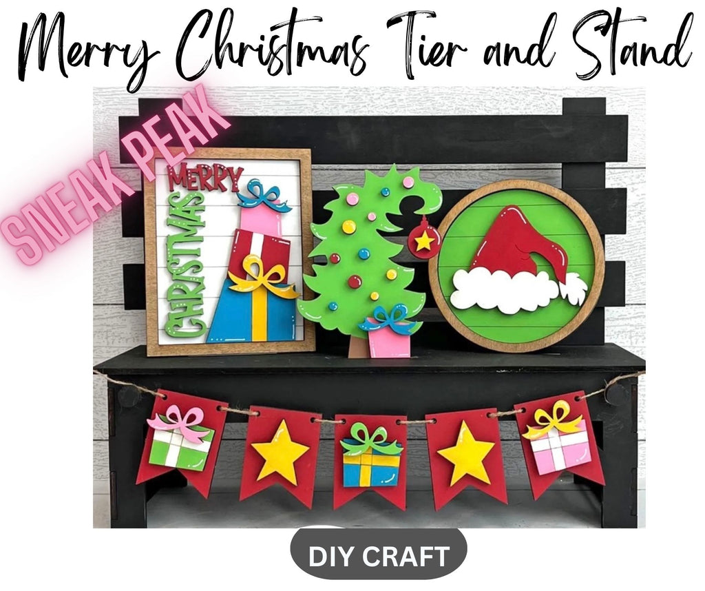 Merry Christmas DIY Wood Tiered Tray Kit Shelf Sitter Set Combo: