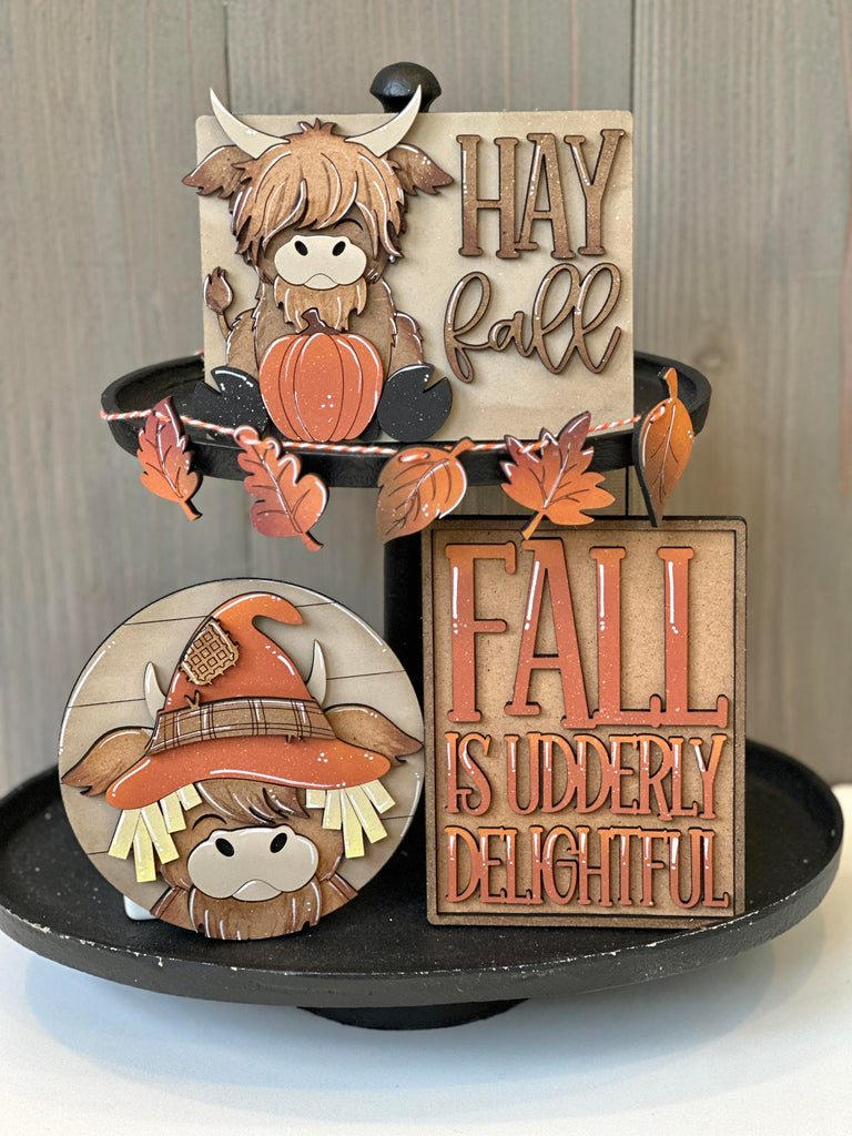 DIY Highland Cow Fall  Wood Tiered Tray Kit Shelf Sitter Set