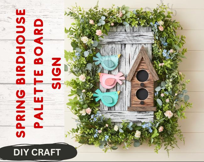 Spring Bird and Birdhouse Palette Board Sign: Shelf Leaner