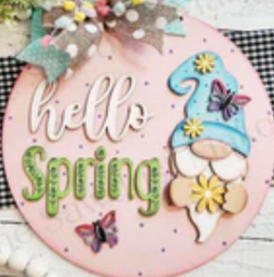 Wood DIY 3 D Hello Spring Gnome Butterfly Door Hanger