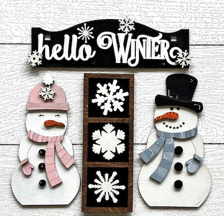 3D Wood  hello winter Snowman Insert: Shelf Sitter insert only for wagon and bench
