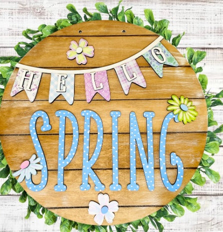 Hello Spring Banner with Flowers DIY Wood Door Hanger Blank: 12" or 18"