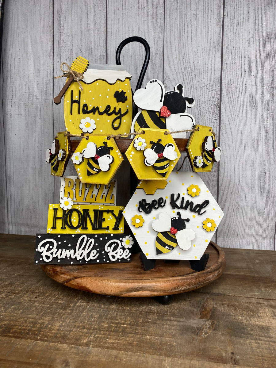 Bee Lovers Wood Tiered Tray Kit Shelf Sitter Set Clayopatra Arts