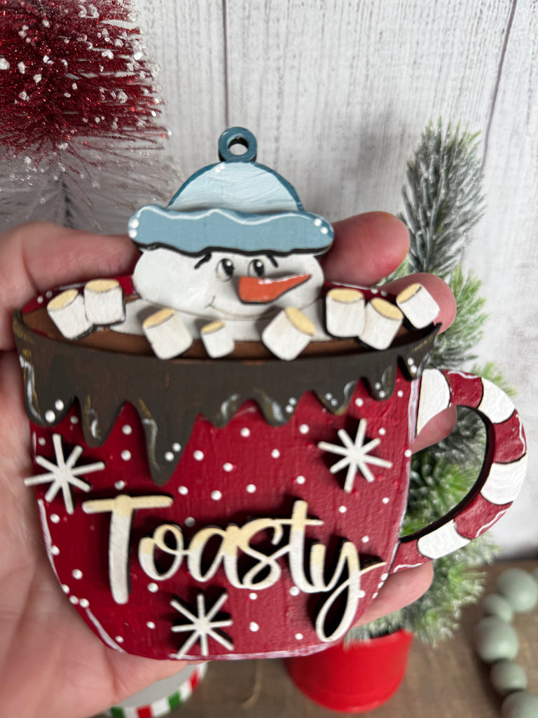 Toasty Snowman Hot Cocoa Cup  Wood Winter Ornament  DIY Craft