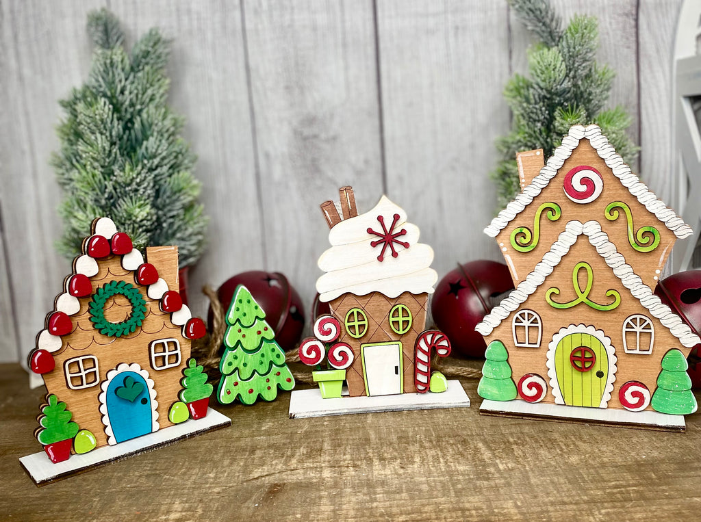 3D Gingerbread House trio DIY Wood Shelf Sitters: