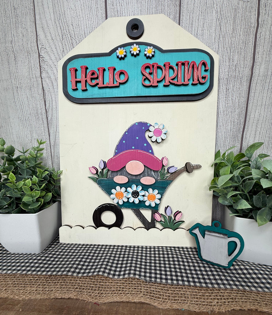 Hello Spring Gnome in a Wheelbarrow  DIY Wood Insert Kit for the Giant Gift Tag: Insert Only