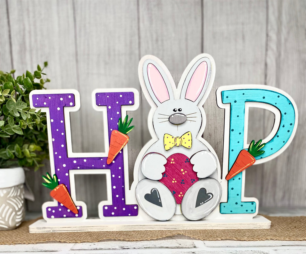 Wood Hop Bunny Word Block Shelf Sitter:
