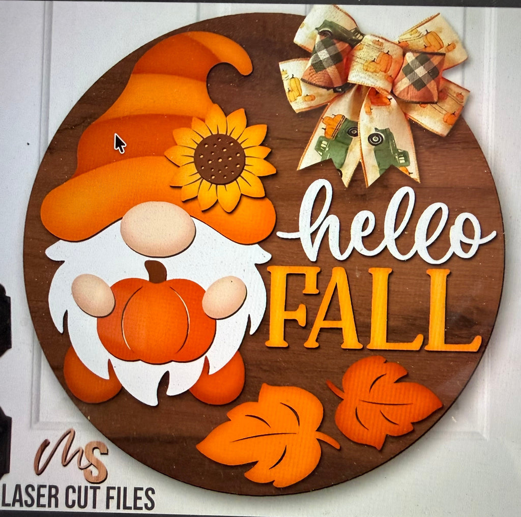 Hello Fall Gnome and Pumpkin Wood DIY Fall Door Hanger Blank: 12 or 18"