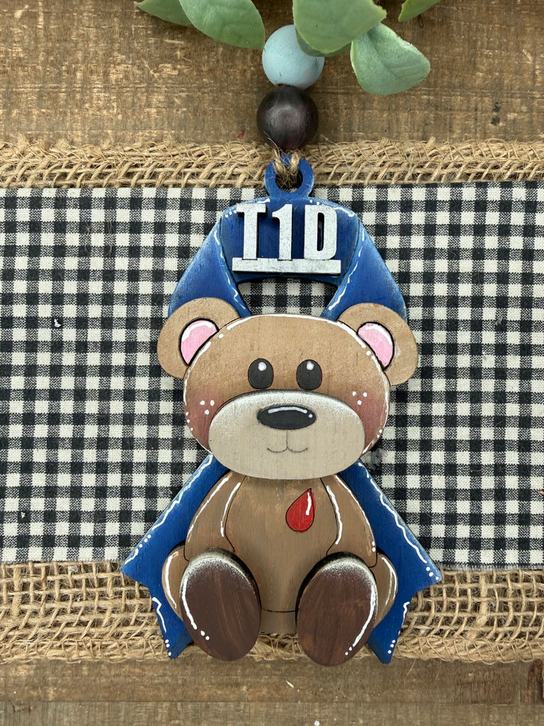T1D Bear & Ribbon Awareness Wood Ornament Blank