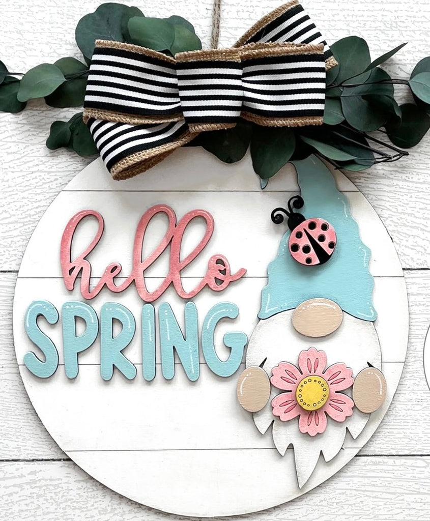 Wood DIY 3 D Hello Spring Gnome with Ladybug Door Hanger: