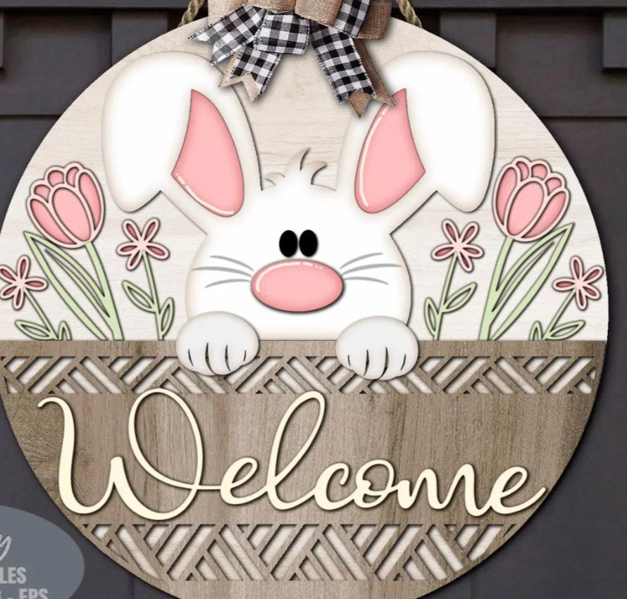 Welcome Bunny and Flowers DIY Door Hanger  12" or 18"