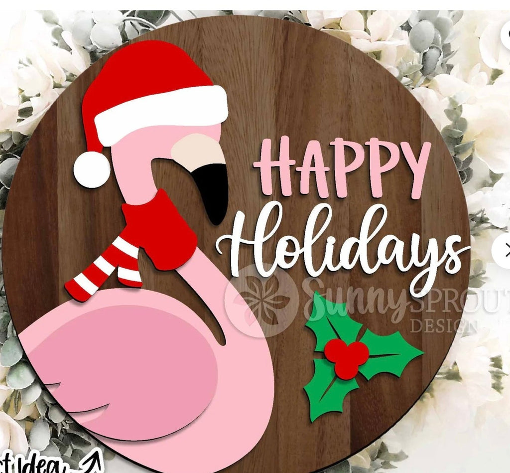 Happy Holiday Flamingo Santa DIY Wood Door Hanger Blank: 12" or 18"