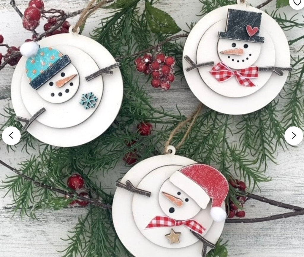 Wood Blank Ornament Set: 3 melty snowman