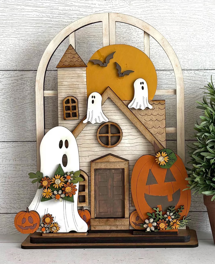 Spooky House and Ghosts Insert For Window Shelf Sitter  DIY Wood Insert Kit: Insert Only