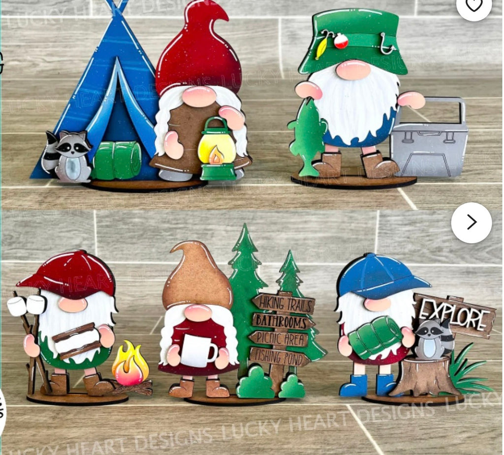 DIY Wood Camping Gnomies: 5 Gnome Set with stands