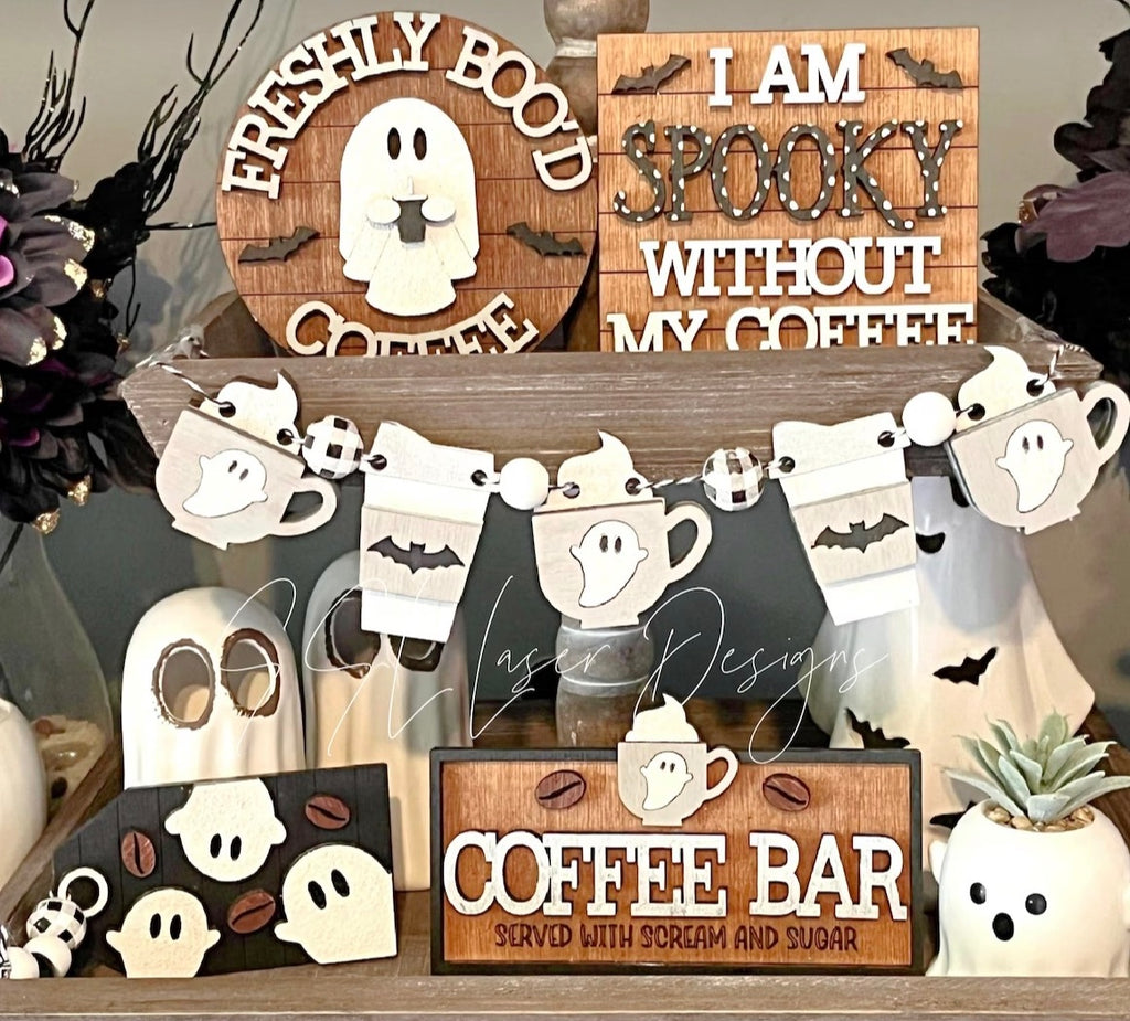 DIY Coffee and Ghosts Wood Tiered Tray Kit Shelf Sitter Set