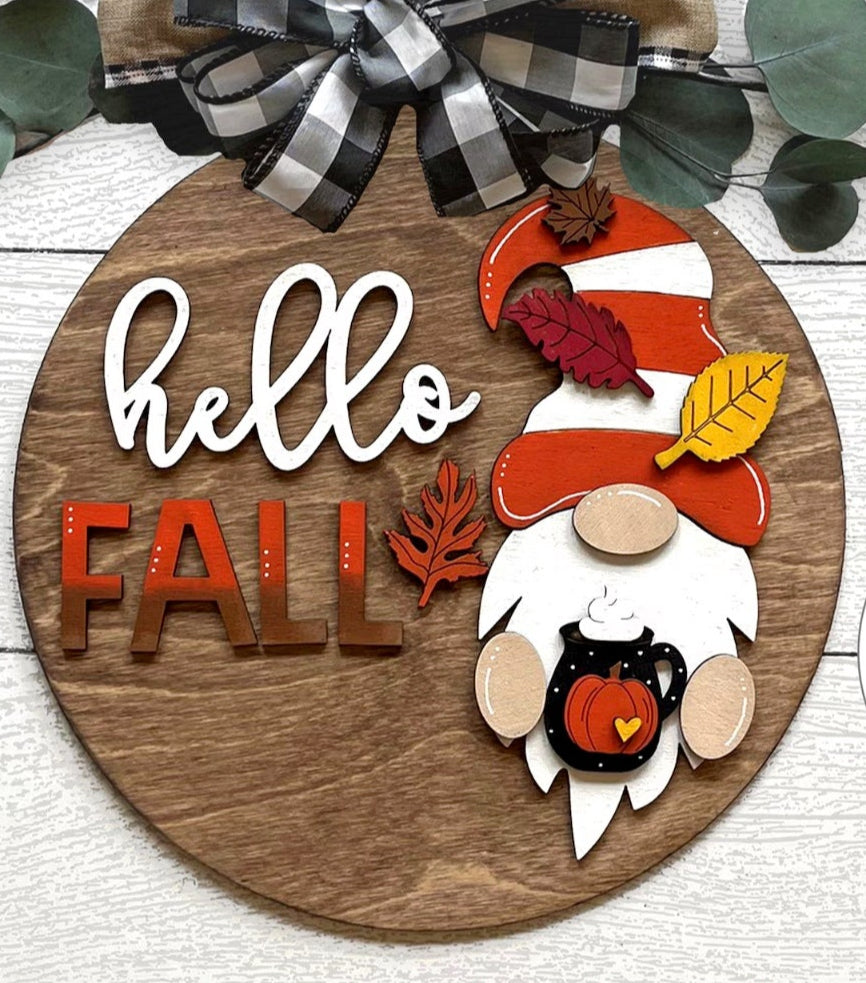 Hello Fall Gnome Wood DIY Door Hanger Blank: 12 or 18"