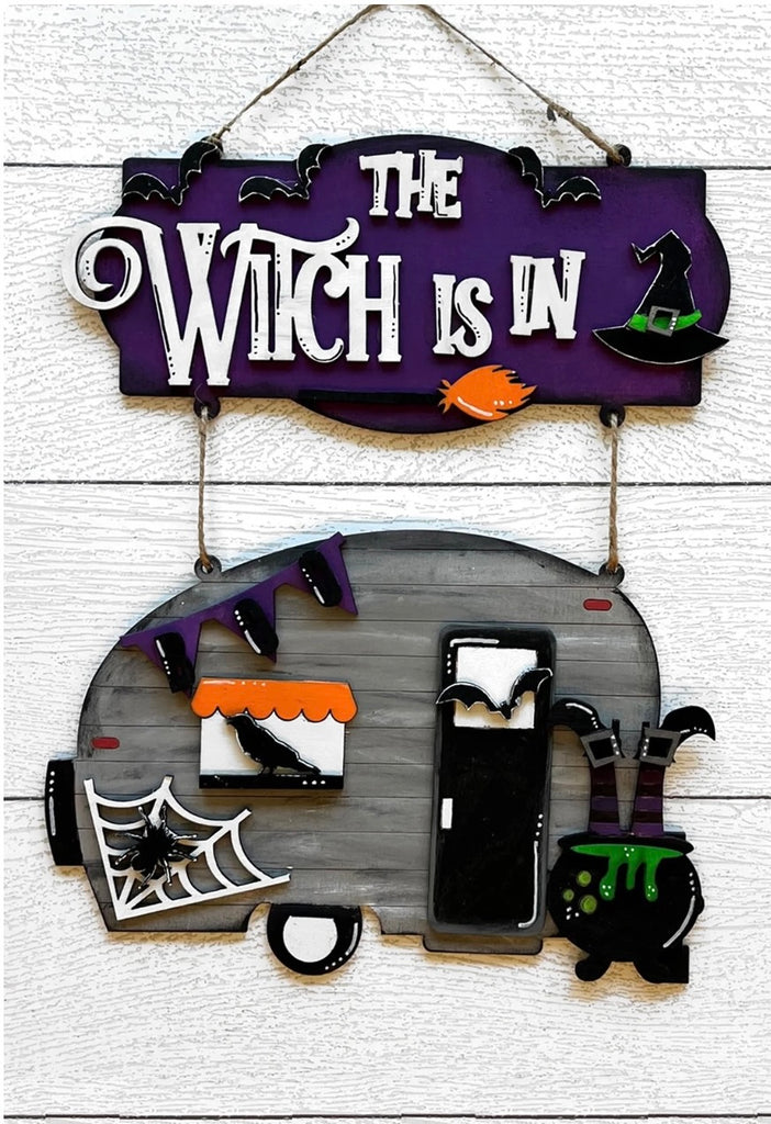 Witch Camper and Sign Fall Wood DIY Wall Hanger Blank: