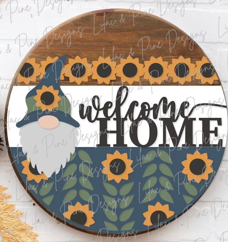 Welcome Home Gnome with Sunflowers Wood DIY Door Hanger Blank: 12 or 18"