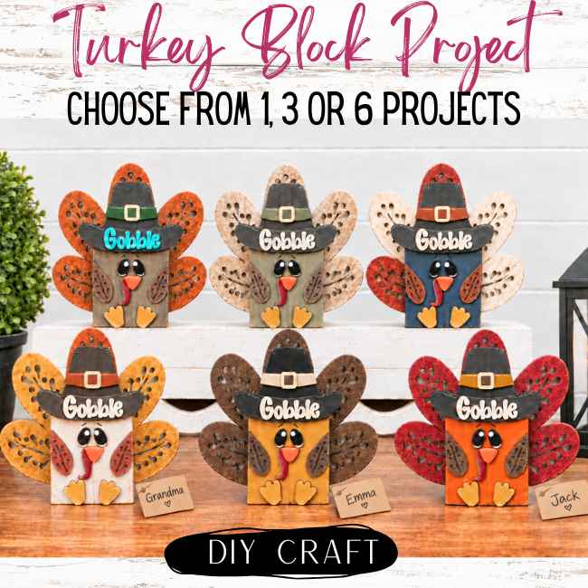 6 pack: Six DIY wood turkey block shelf sitters with Gobble pilgrim hats and name tags, unpainted Thanksgiving place card craft kit 6 pack