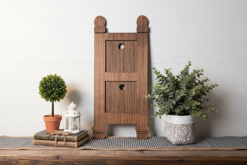 Front-facing decorative ladder on foyer table