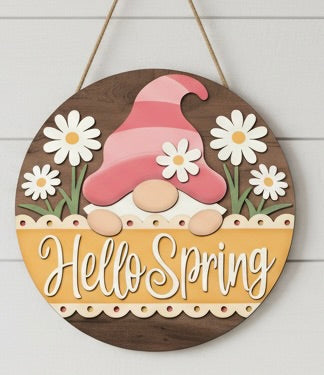 Wood DIY 3 D Hello Spring Gnome and Daisies Spring Door Hanger