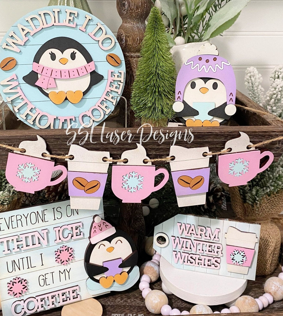 DIY Winter Penguin Waddle I do without Coffee Tiered Tray Kit Shelf Sitter Set