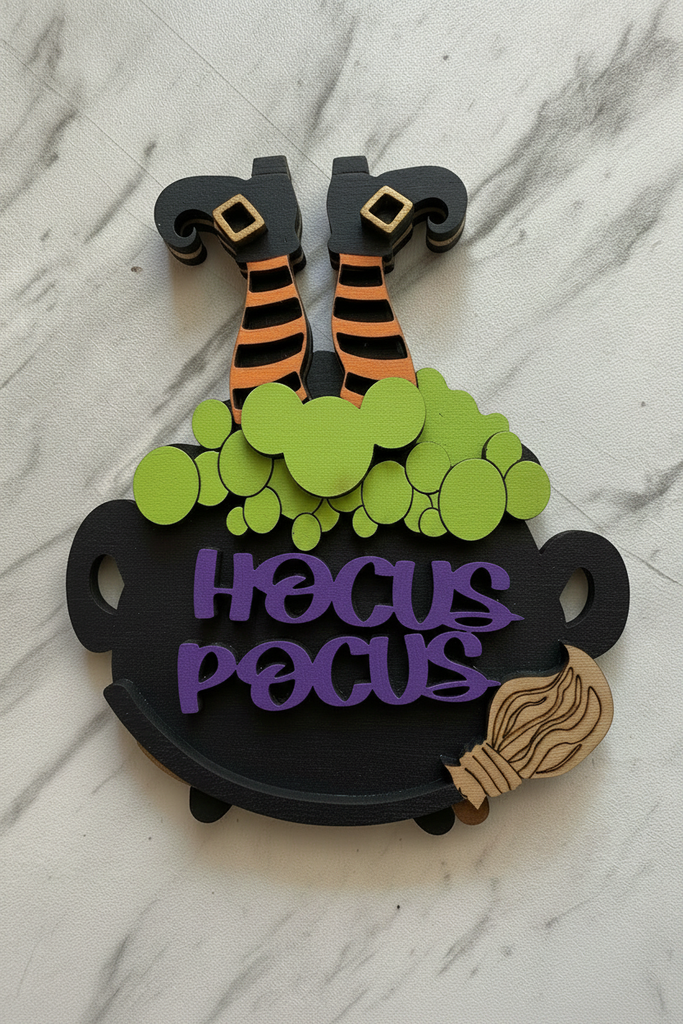 Hocus Pocus Halloween wood ornament painted with purple text, witch legs, cauldron and broom