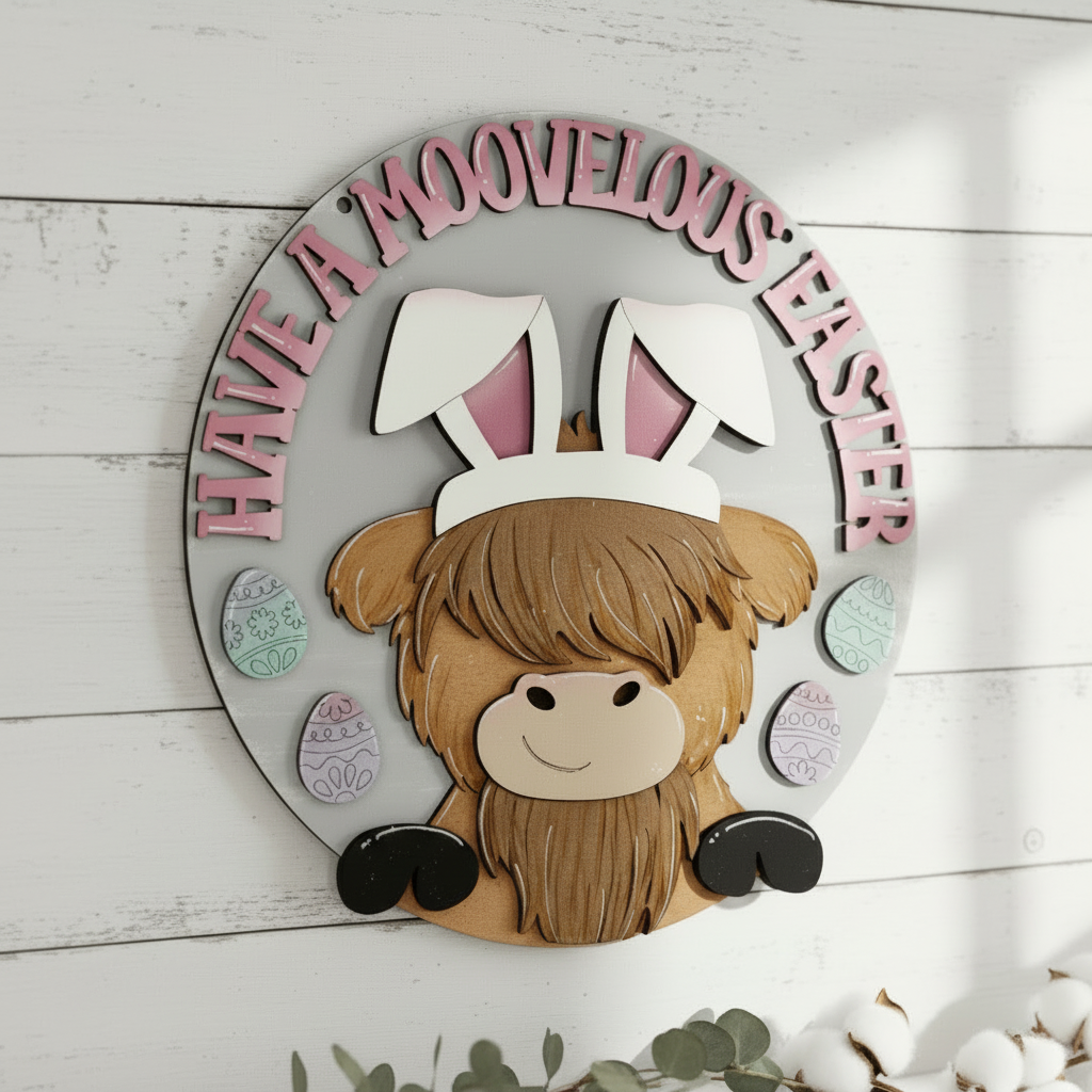 Easter Highland Cow Wood DIY Door Hanger Blank: 16"