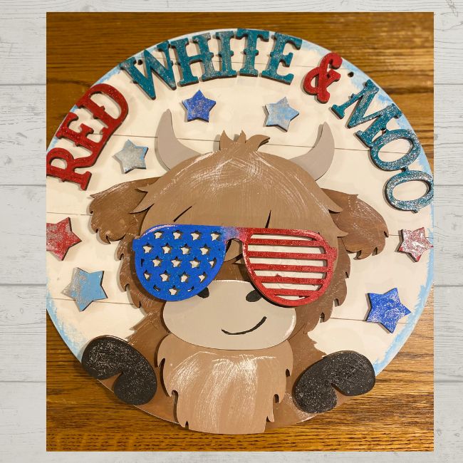 Red White and Moo Highlander  Cow 4th DIY Wood Door Hanger Blank: 16"