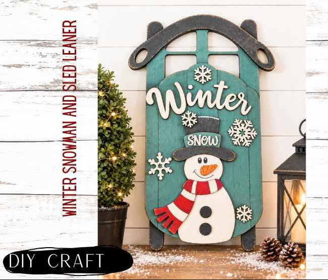 Winter Snowman Sled Leaner Shelf Sitter DIY Wood Craft Kit