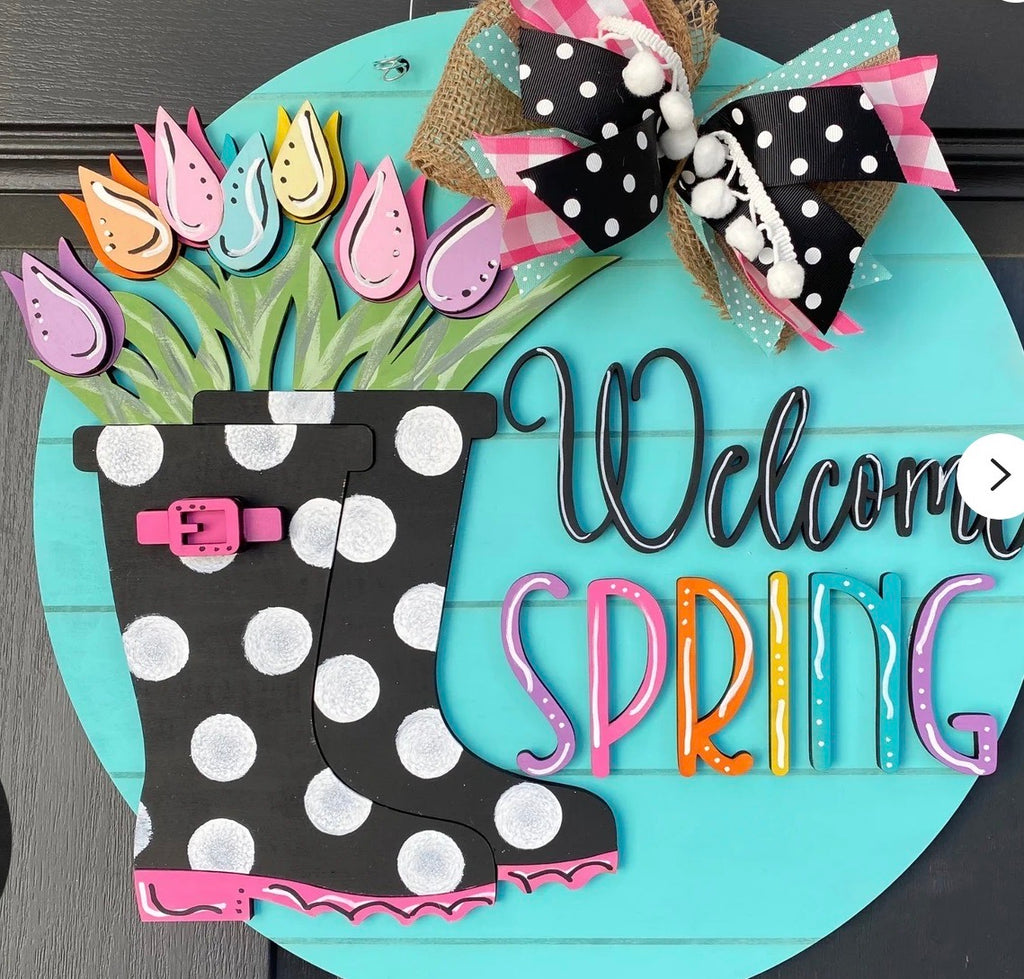 Hello Spring Boots with Flowers DIY Wood Door Hanger Blank: 12" or 18"
